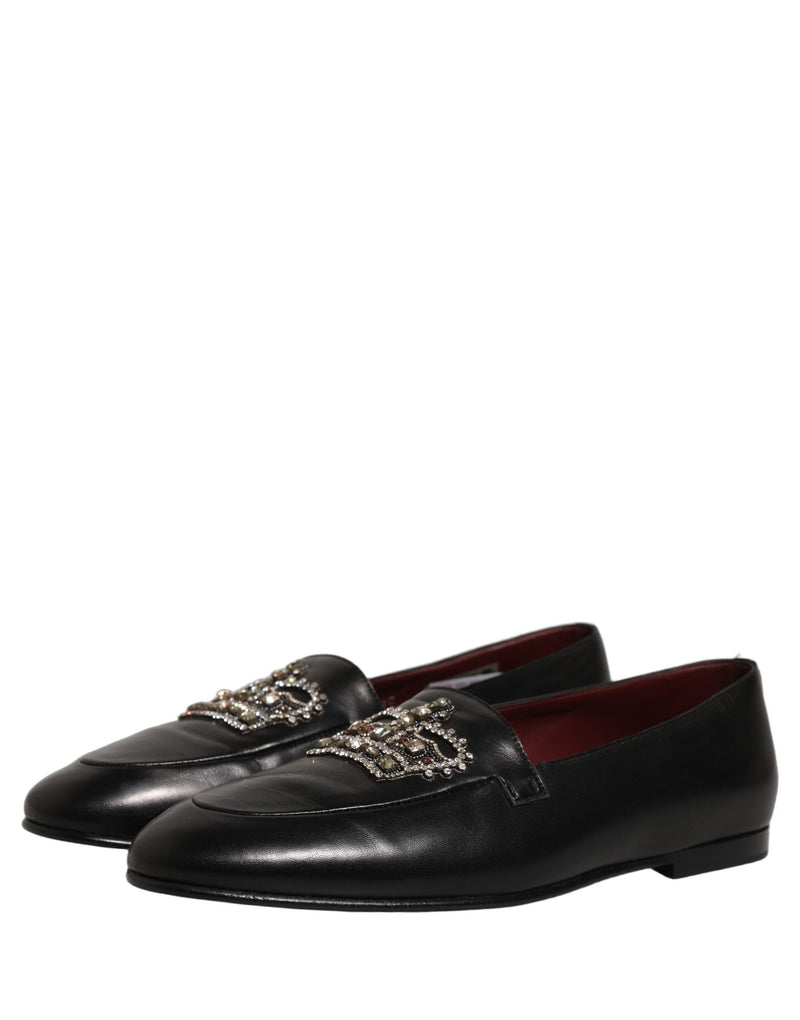 Dolce & Gabbana Black Leather Crown Embellished Loafers