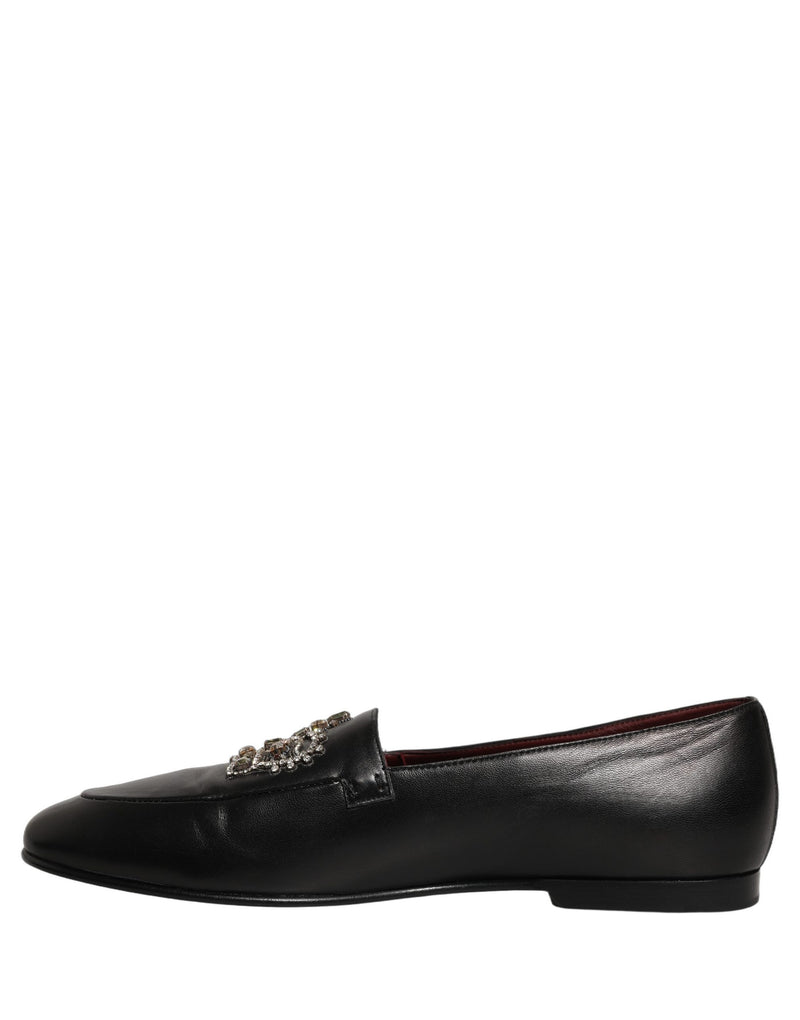 Dolce & Gabbana Black Leather Crown Embellished Loafers
