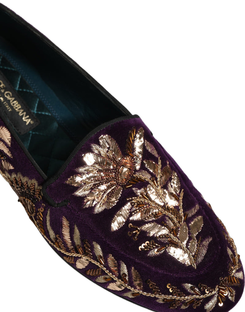 Dolce & Gabbana Violet Velvet Floral Embroidery Loafers