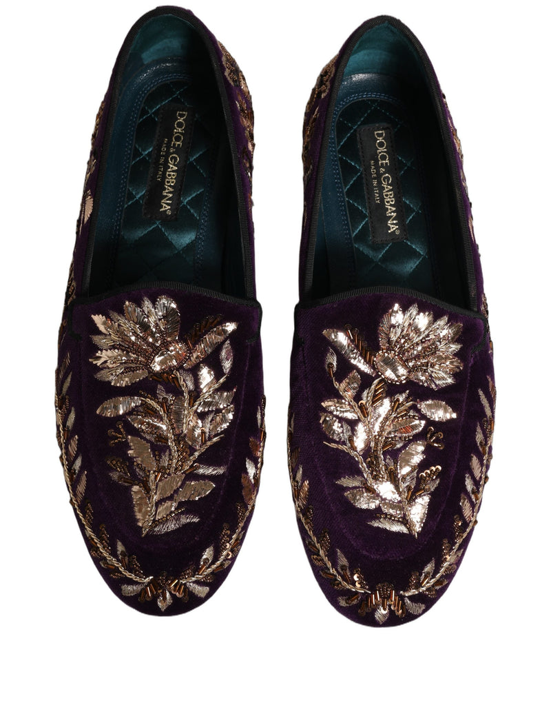 Dolce & Gabbana Violet Velvet Floral Embroidery Loafers