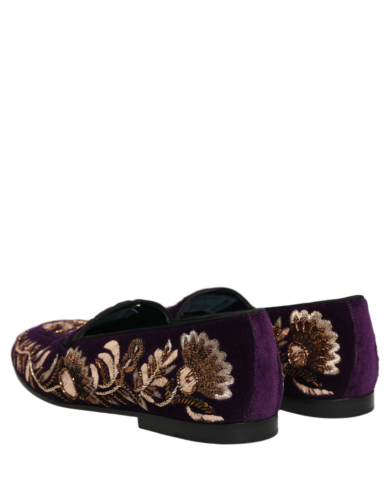 Dolce & Gabbana Violet Velvet Floral Embroidery Loafers