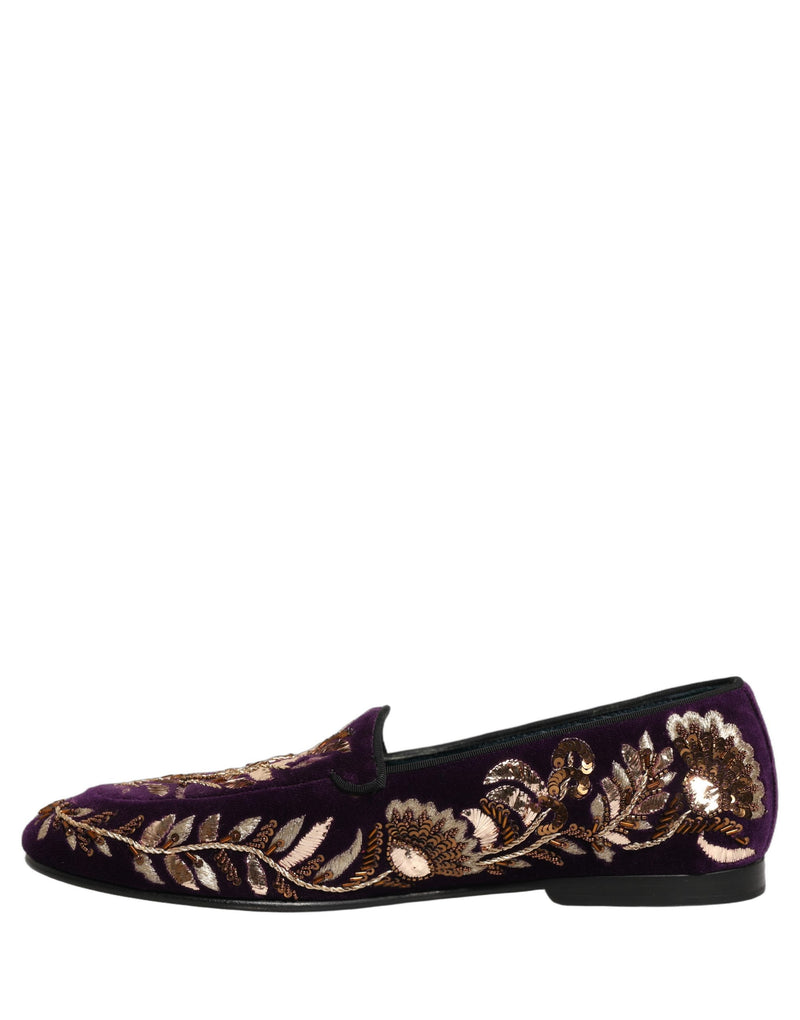 Dolce & Gabbana Violet Velvet Floral Embroidery Loafers