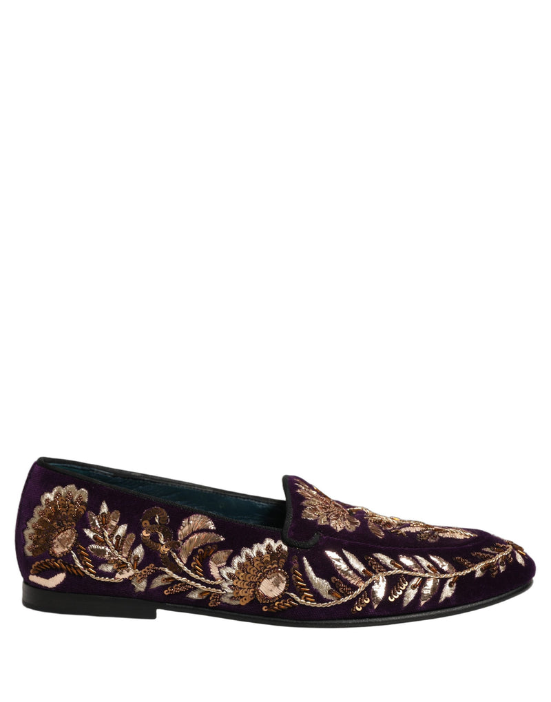 Dolce & Gabbana Violet Velvet Floral Embroidery Loafers