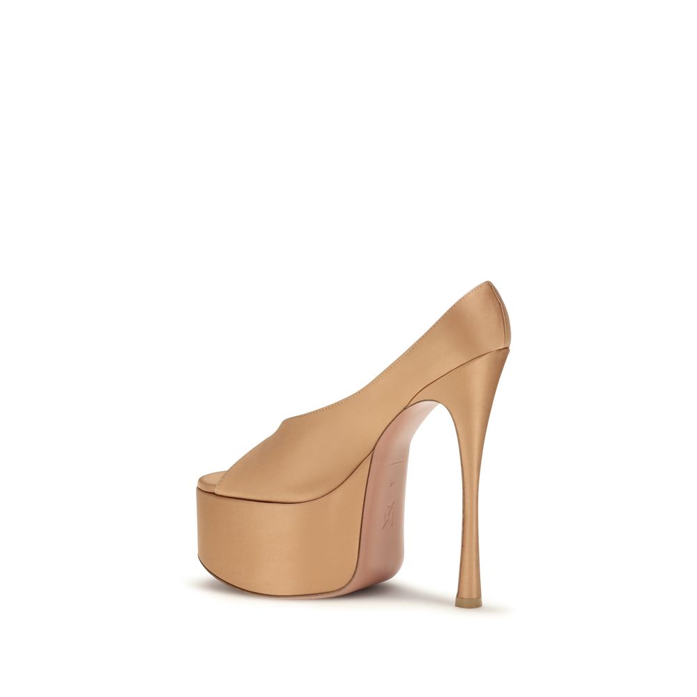 Amina Muaddi Anok Beige Silk Platform Pumps