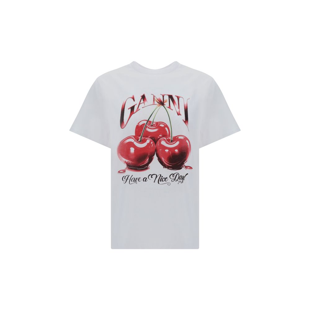 Ganni White Cotton Cherry Relaxed T-Shirt