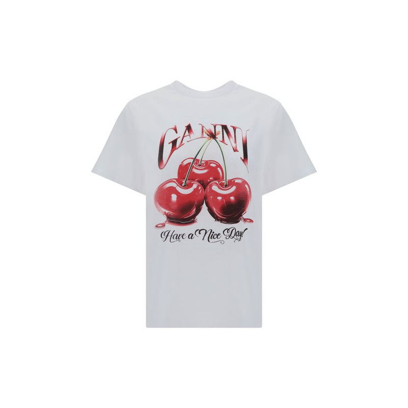 Ganni White Cotton Cherry Relaxed T-Shirt