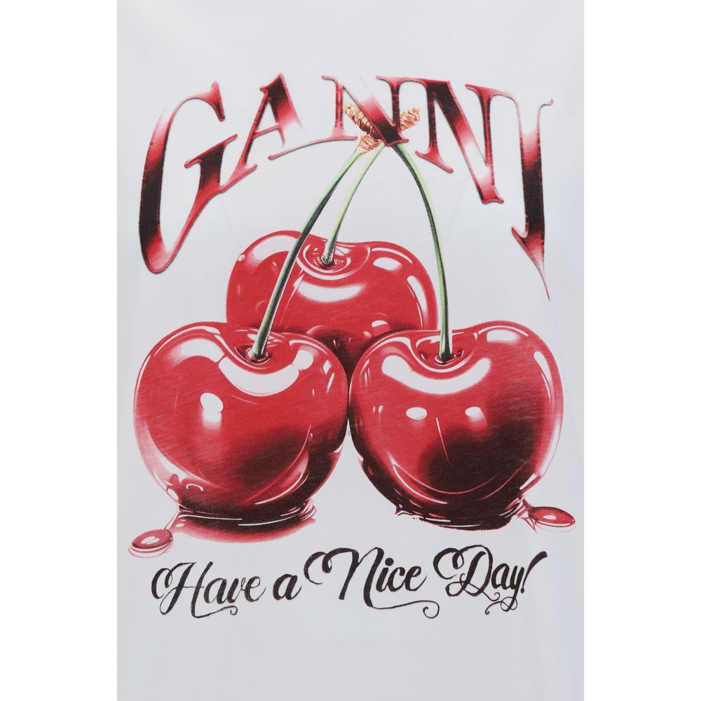 Ganni White Cotton Cherry Relaxed T-Shirt