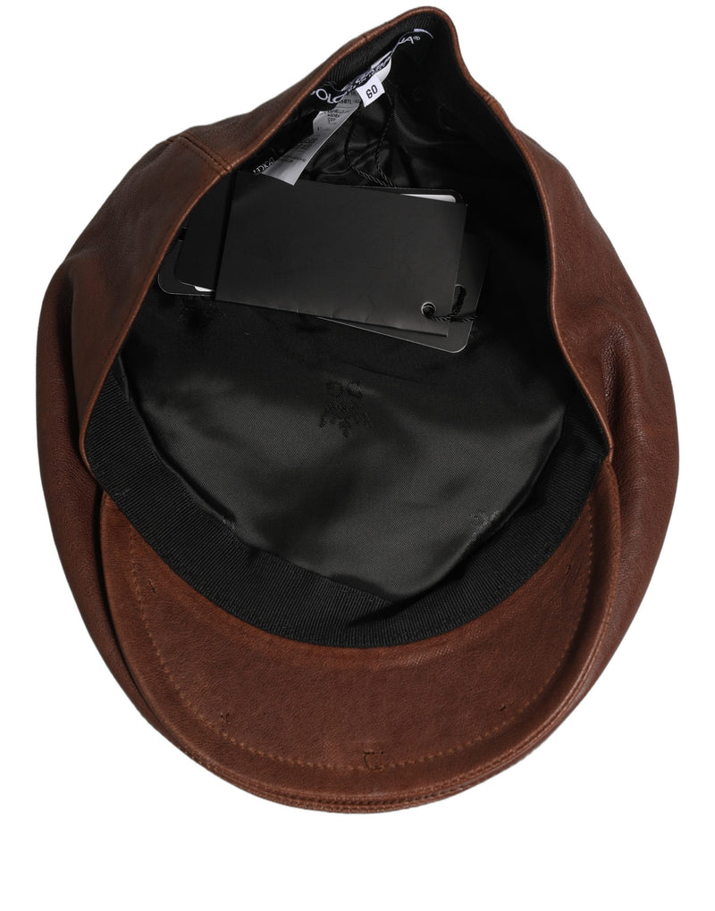 Dolce & Gabbana Men Brown Lamb Leather Newsboy Cap