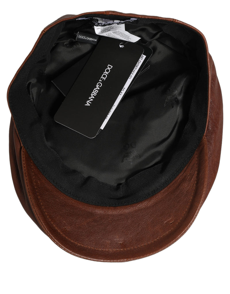 Dolce & Gabbana Men Brown Lamb Leather Newsboy Cap