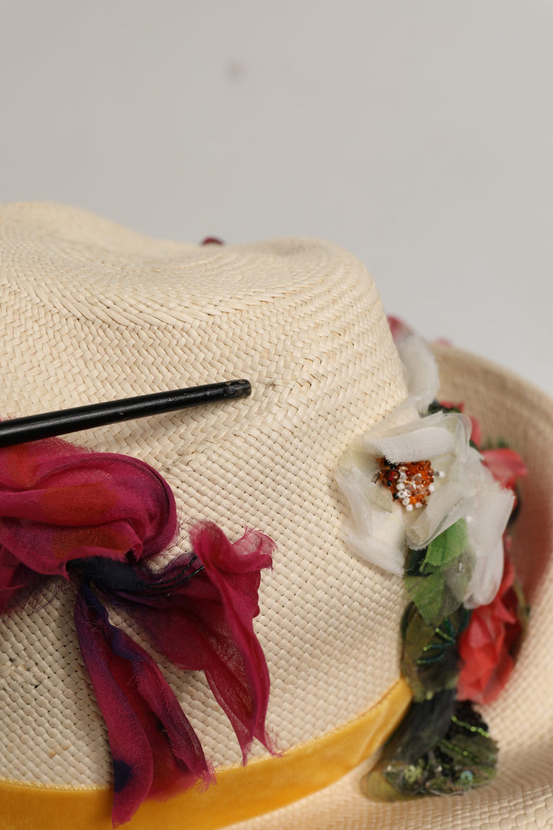 Dolce & Gabbana Women Beige Floral Applique Straw Bucket Hat