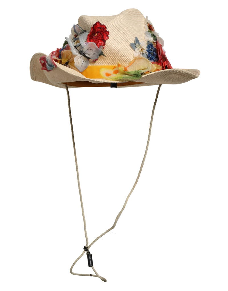 Dolce & Gabbana Women Beige Floral Applique Straw Bucket Hat