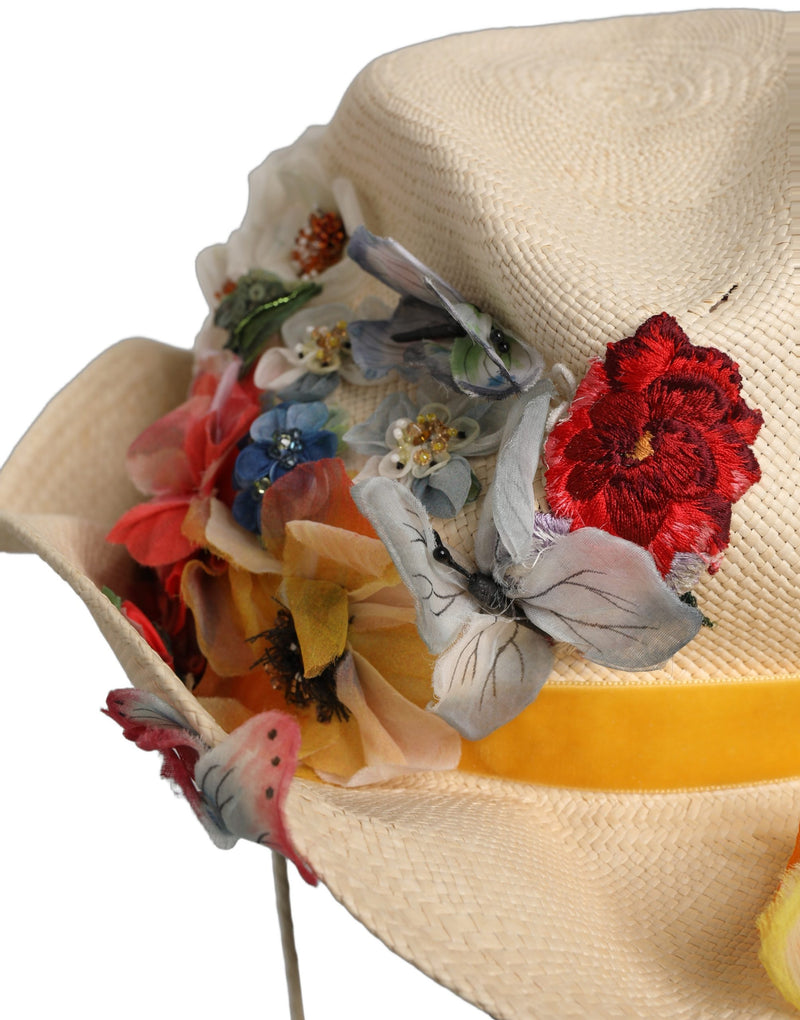 Dolce & Gabbana Women Beige Floral Applique Straw Bucket Hat