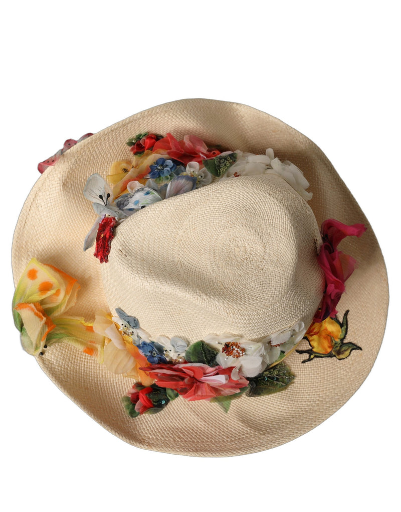 Dolce & Gabbana Women Beige Floral Applique Straw Bucket Hat