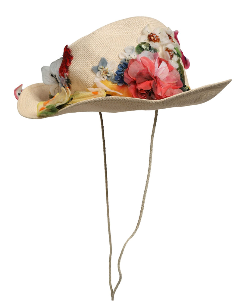 Dolce & Gabbana Women Beige Floral Applique Straw Bucket Hat