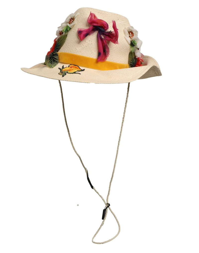 Dolce & Gabbana Women Beige Floral Applique Straw Bucket Hat