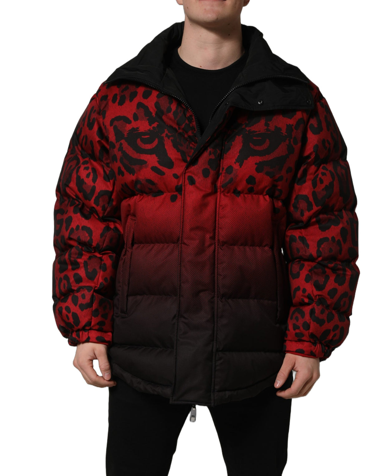 Dolce & Gabbana Red Black Reversible Animal Print Puffer Coat