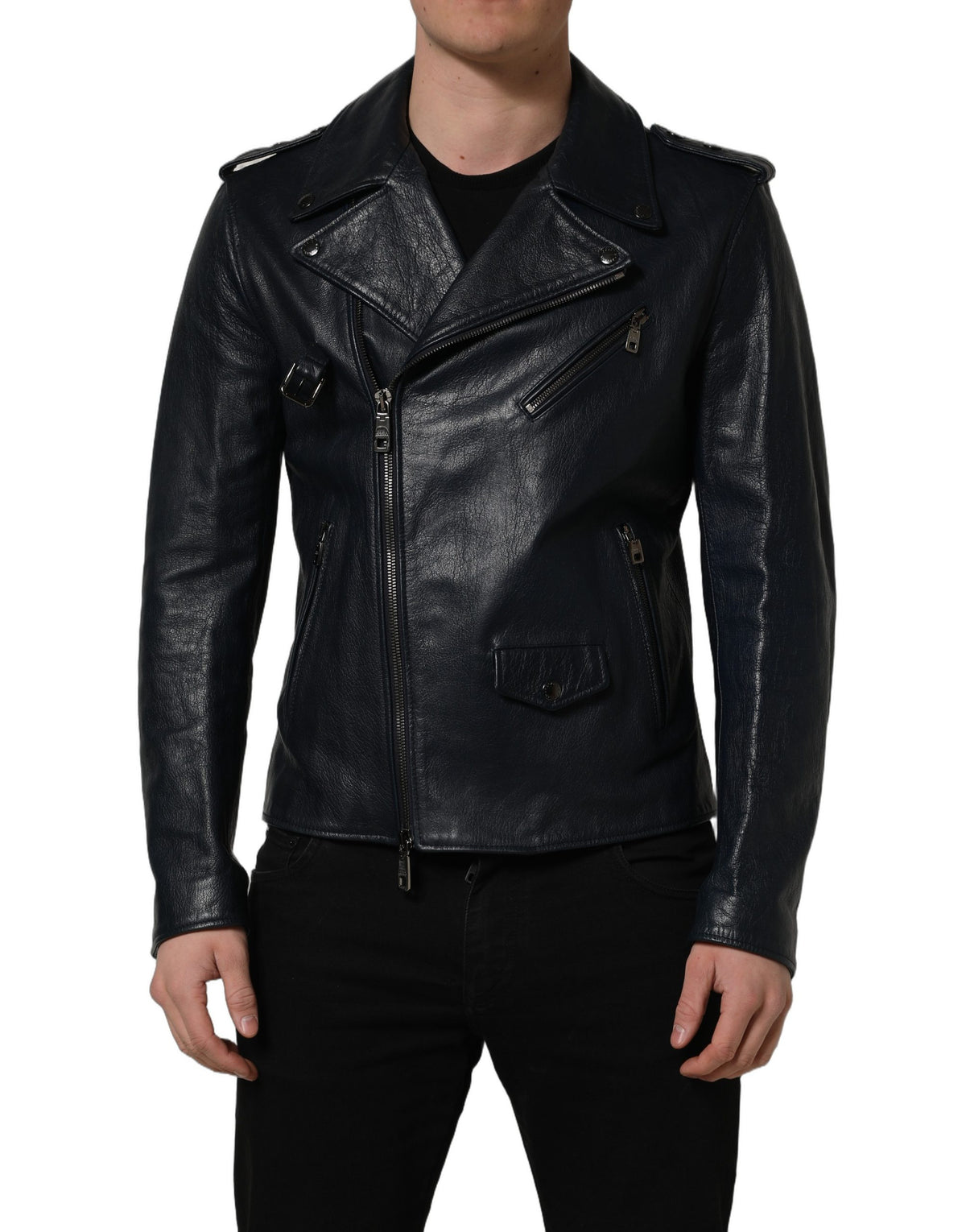 Dolce & Gabbana Black Goatskin Leather Biker Jacket for Men