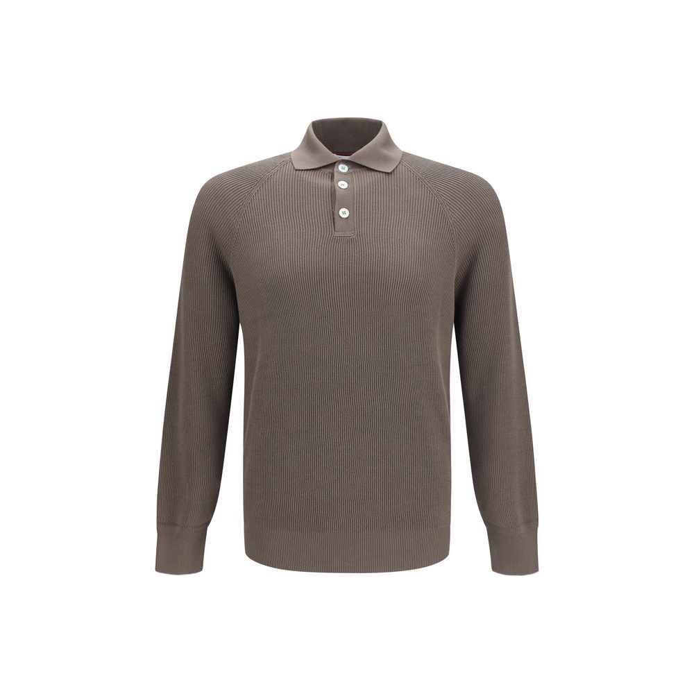 Brunello Cucinelli Brown Cotton Long-Sleeve Polo Shirt