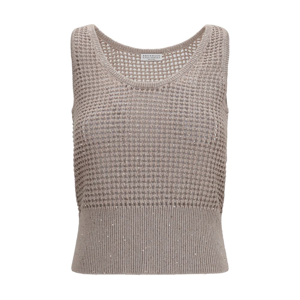 Brunello Cucinelli Beige Cotton Tank Top with Sequins