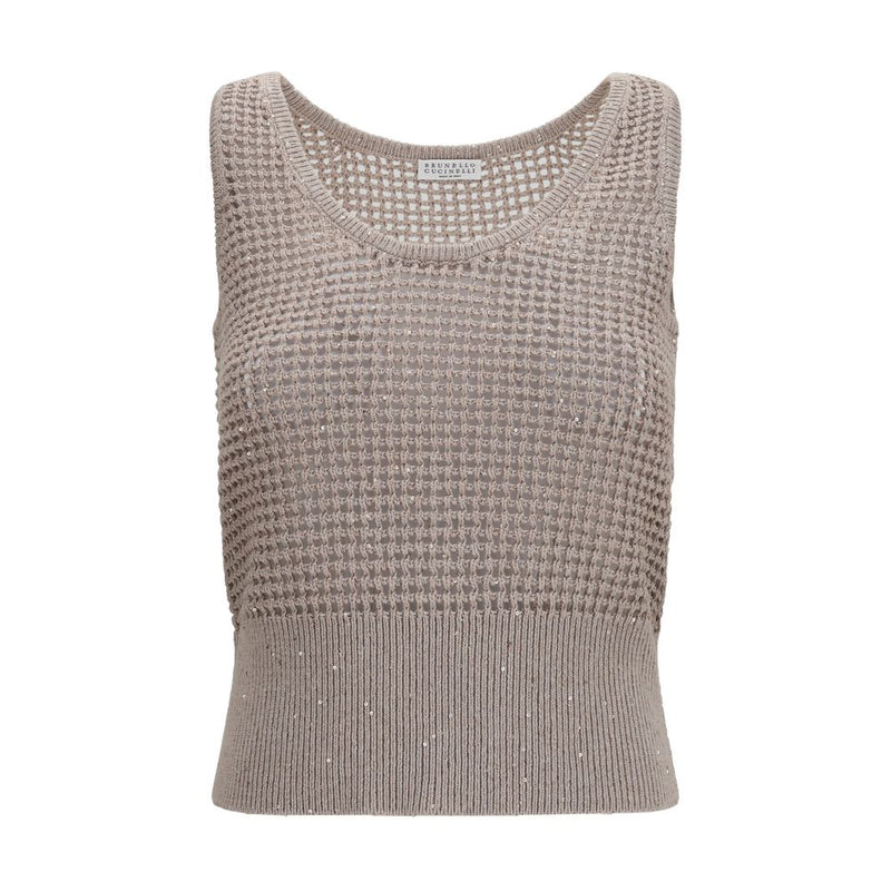Brunello Cucinelli Beige Cotton Tank Top with Sequins