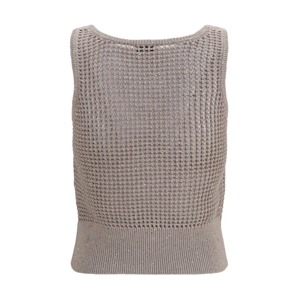 Brunello Cucinelli Beige Cotton Tank Top with Sequins