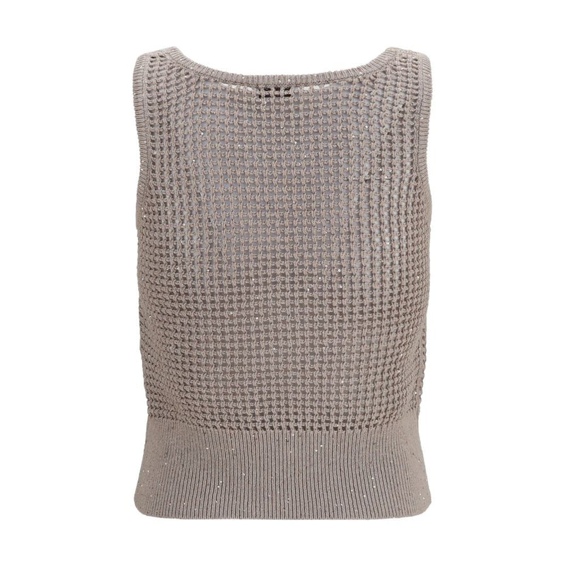 Brunello Cucinelli Beige Cotton Tank Top with Sequins