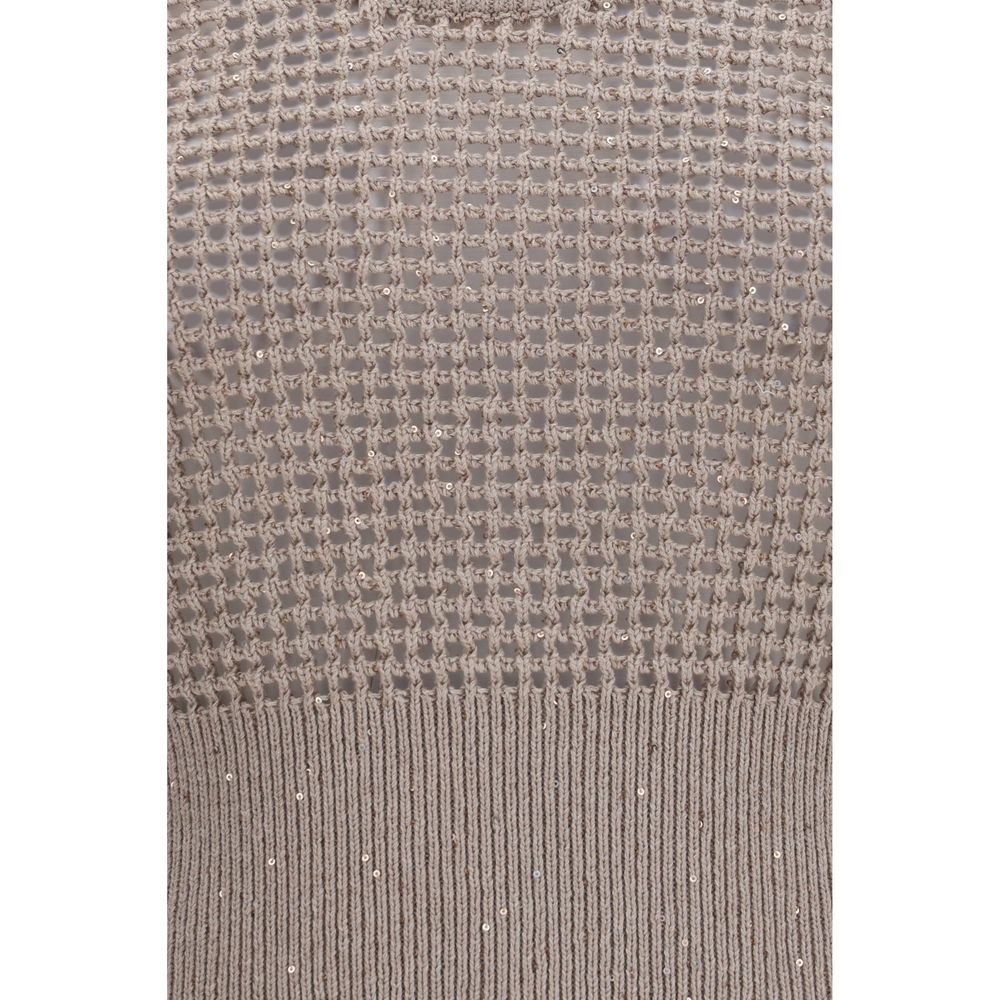 Brunello Cucinelli Beige Cotton Tank Top with Sequins