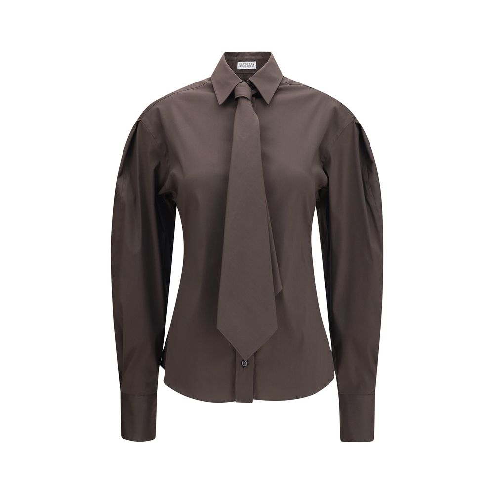 Brunello Cucinelli Brown Cotton Dress Shirt with Tie