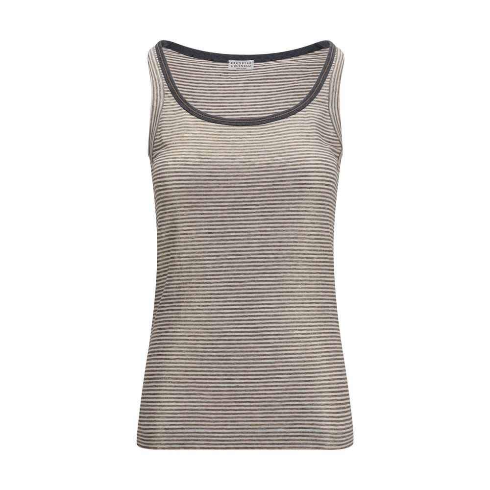 Brunello Cucinelli Tank Top en Lin Beige avec Finitions Brillantes