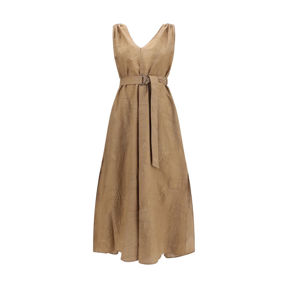 Brunello Cucinelli Beige Cotton Midi Dress with Floral Motif