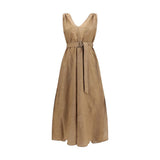 Brunello Cucinelli Beige Cotton Midi Dress with Floral Motif