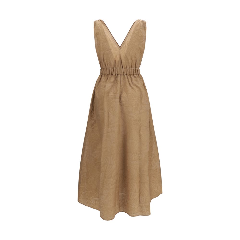 Brunello Cucinelli Beige Cotton Midi Dress with Floral Motif