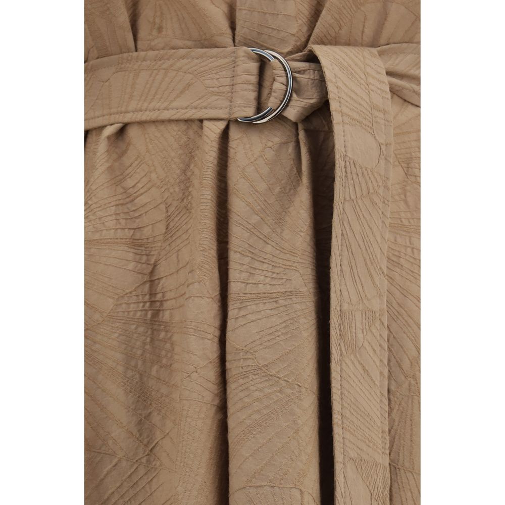 Brunello Cucinelli Beige Cotton Midi Dress with Floral Motif