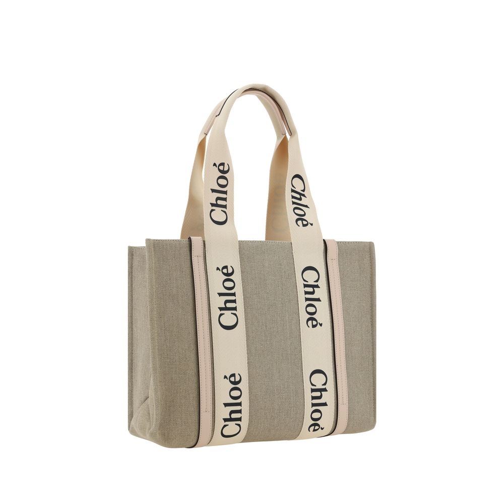 Chloé Beige Linen Handbag - Canvas Woody Shoulder Bag