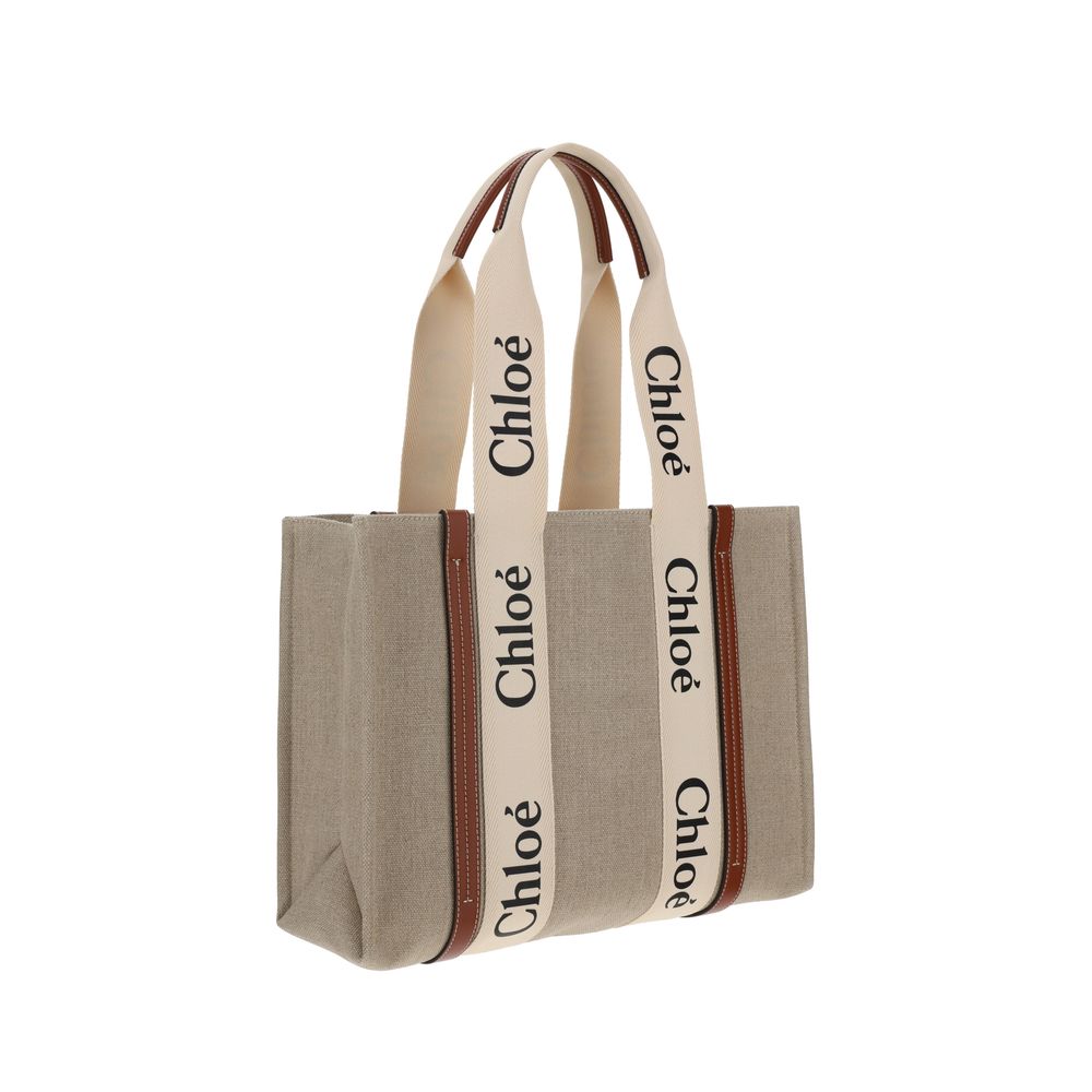 Chloé Beige Linen Handbag - Canvas Woody Shoulder Bag