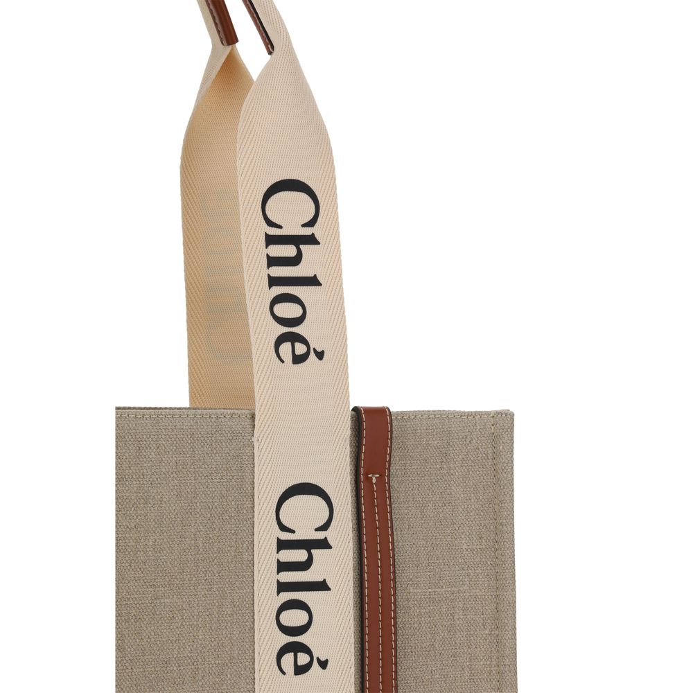 Chloé Beige Linen Handbag - Canvas Woody Shoulder Bag