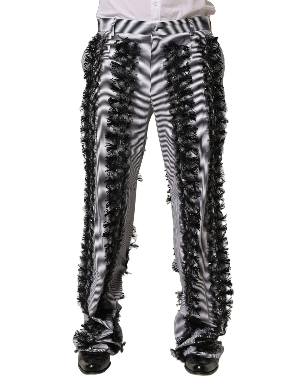 Dolce & Gabbana Gray Black Pinstripe Embellished Trouser Pants