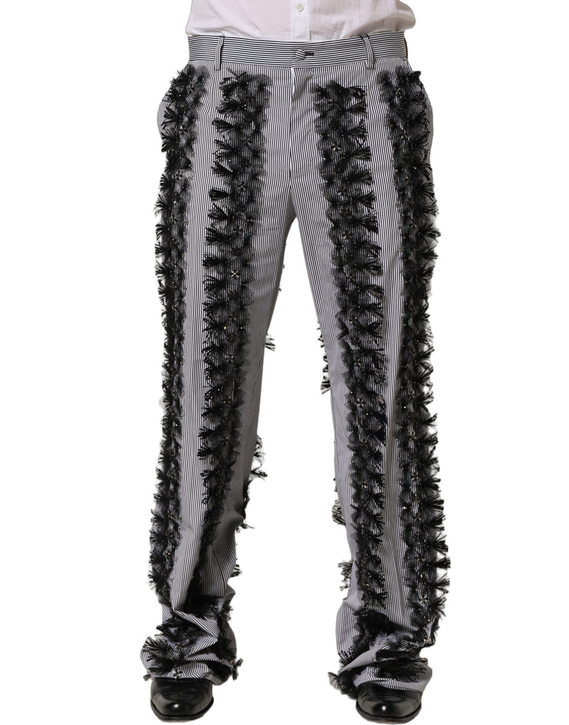 Dolce & Gabbana Gray Black Pinstripe Embellished Trouser Pants