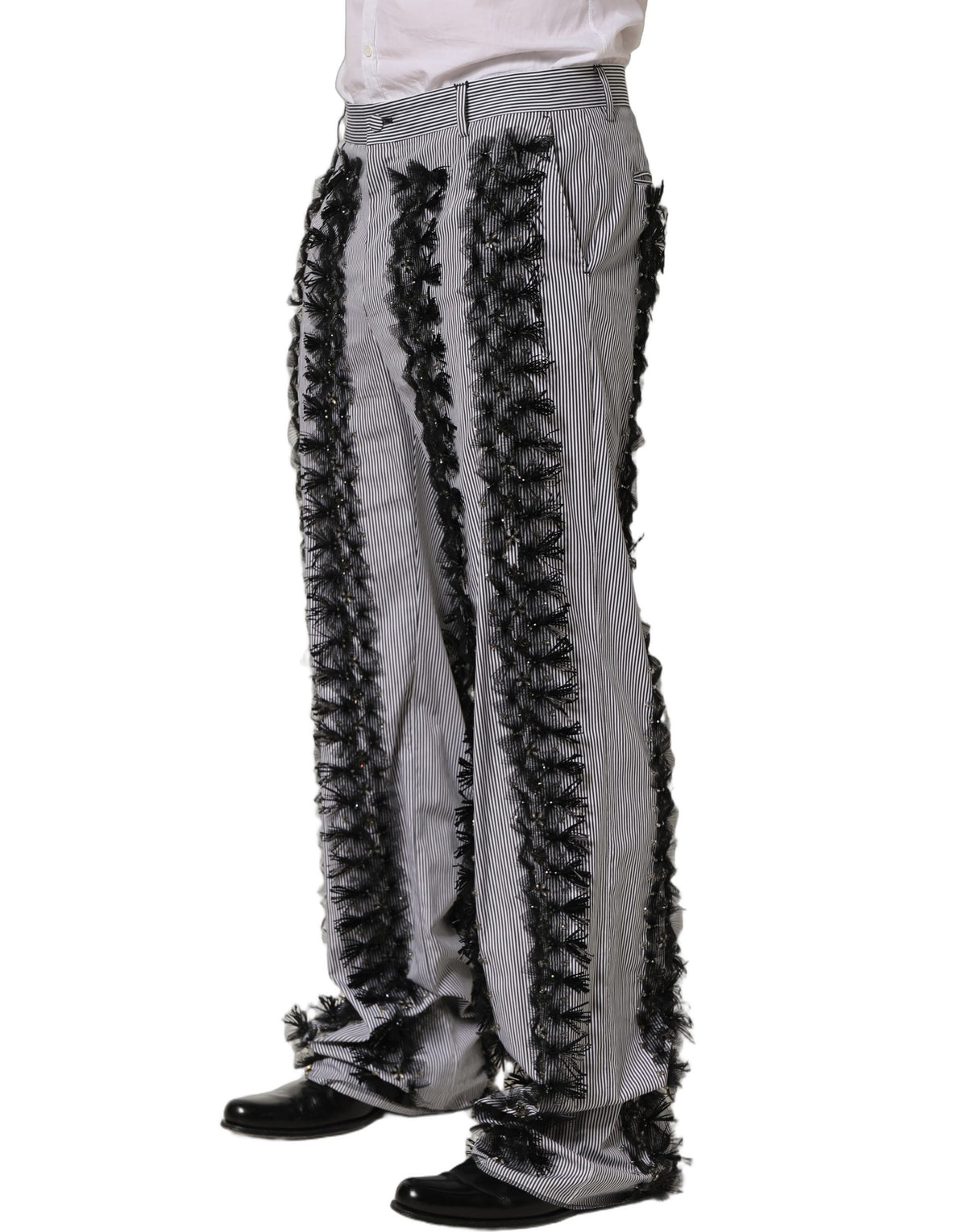 Dolce & Gabbana Gray Black Pinstripe Embellished Trouser Pants