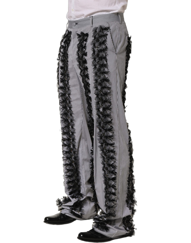 Dolce & Gabbana Gray Black Pinstripe Embellished Trouser Pants