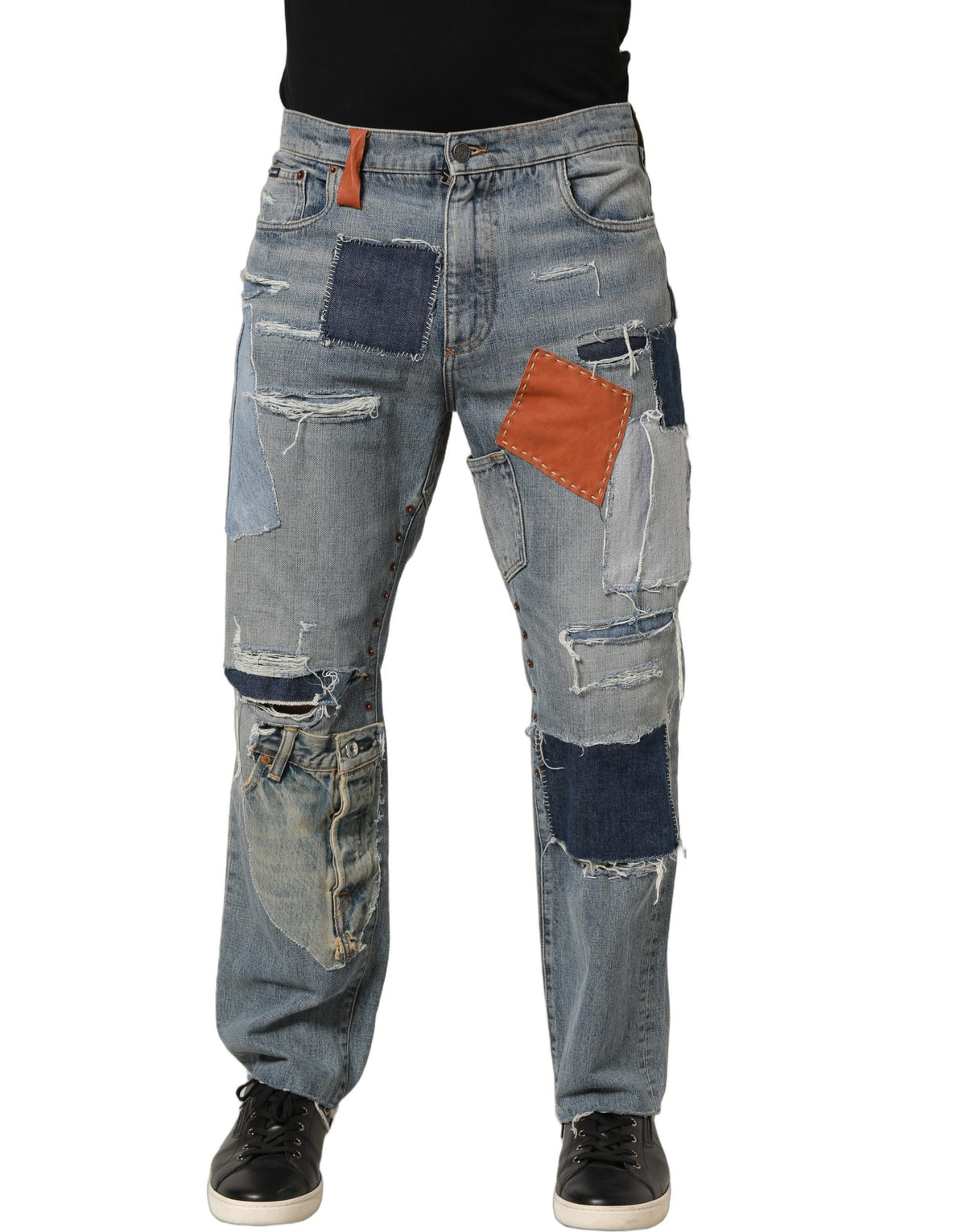 Dolce & Gabbana Blue Distressed Patchwork Straight Denim Jeans