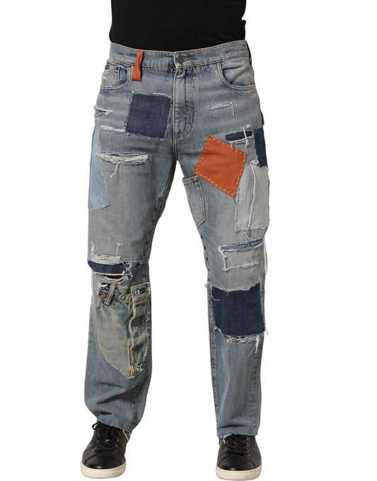 Dolce & Gabbana Blue Distressed Patchwork Straight Denim Jeans