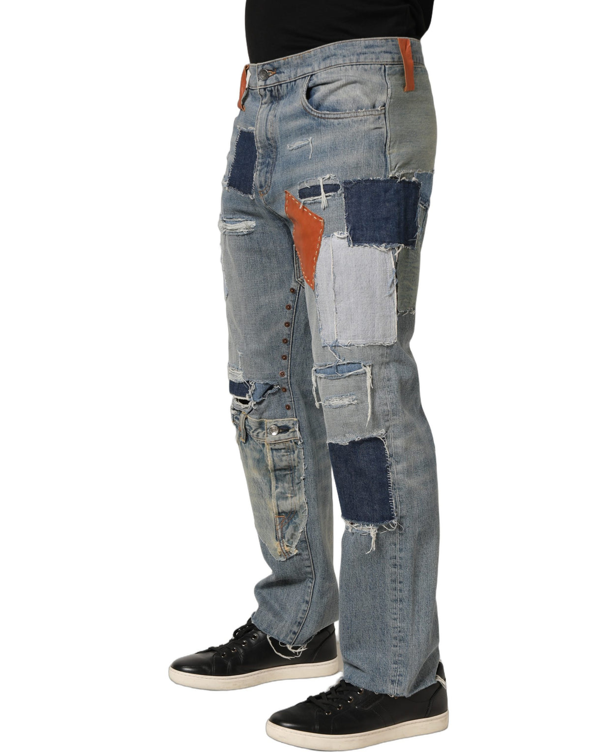 Dolce & Gabbana Blue Distressed Patchwork Straight Denim Jeans