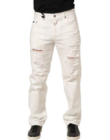 Dolce & Gabbana White Cotton Distressed Straight Denim Jeans