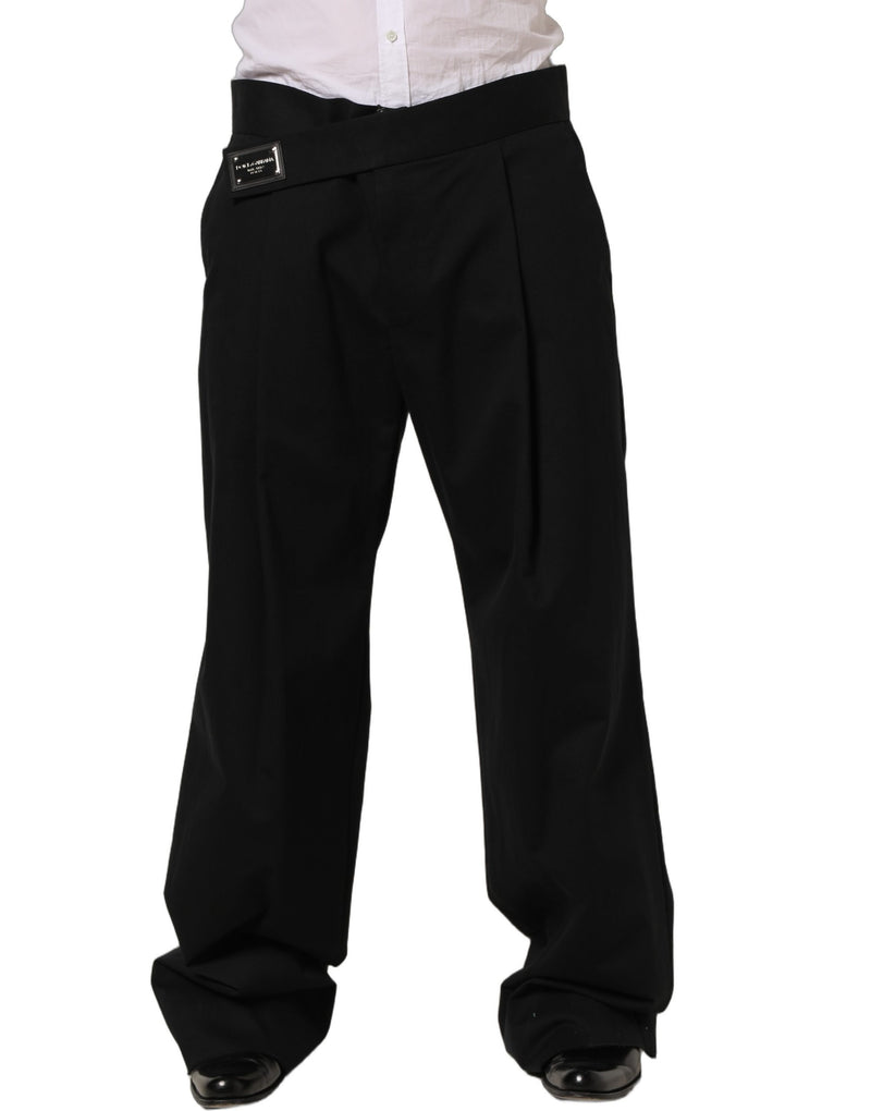 Dolce & Gabbana Black Cotton Straight Leg Dress Trouser Pants