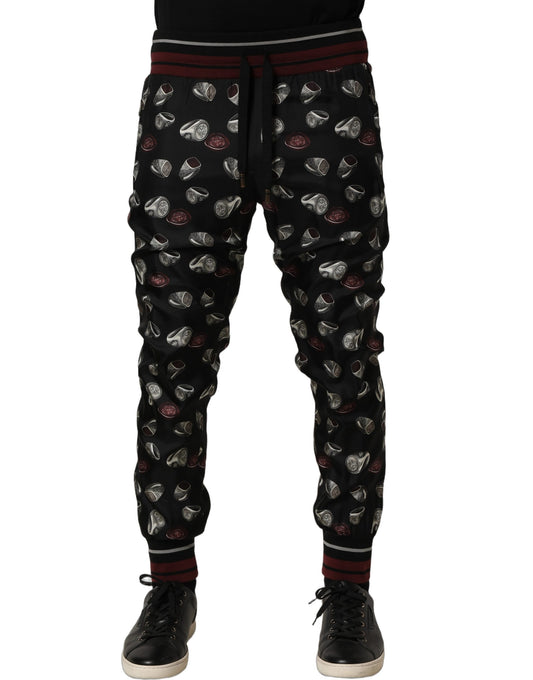Dolce & Gabbana Black Ring Print Silk Jogging Trousers