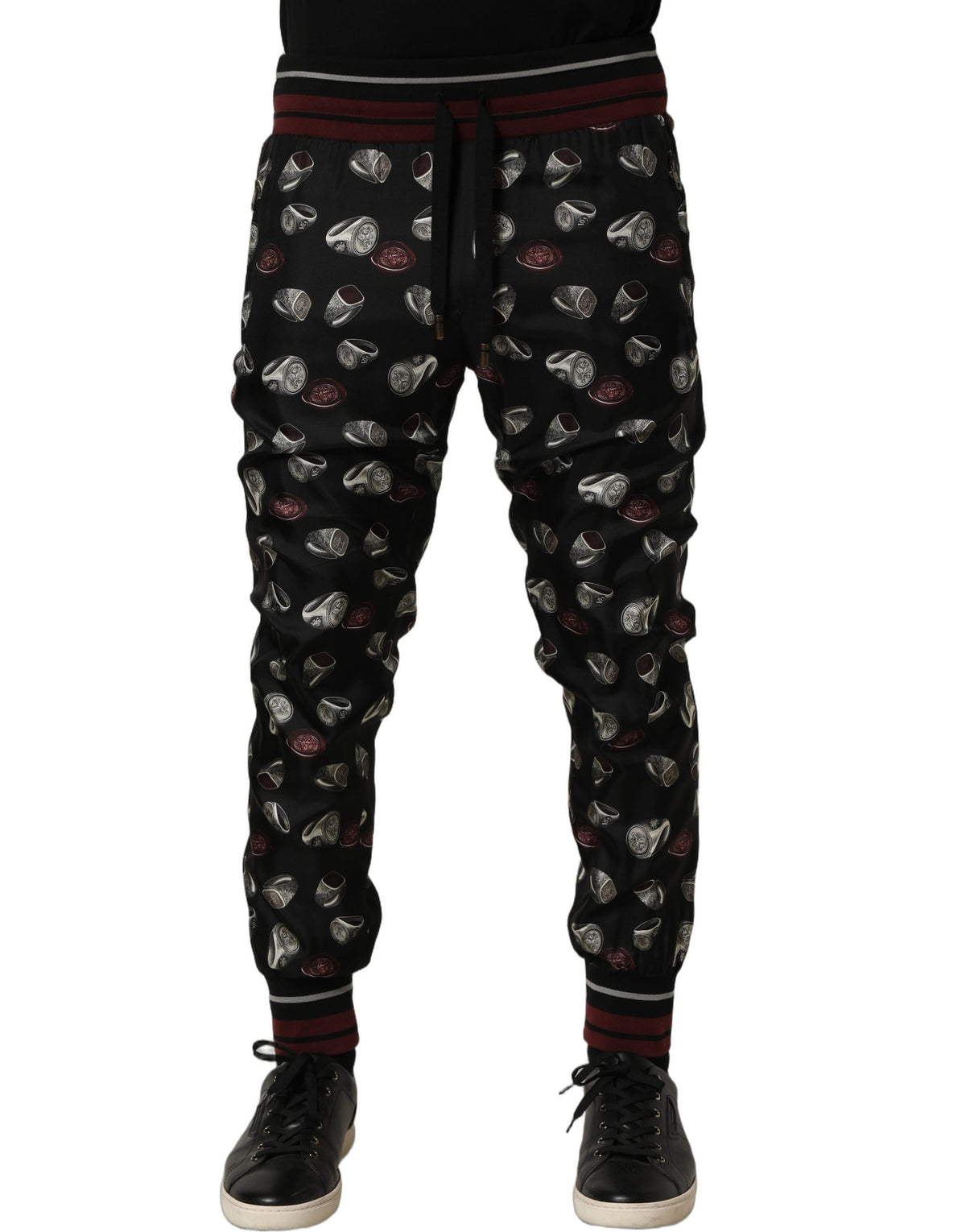 Dolce & Gabbana Black Ring Print Silk Jogging Trousers