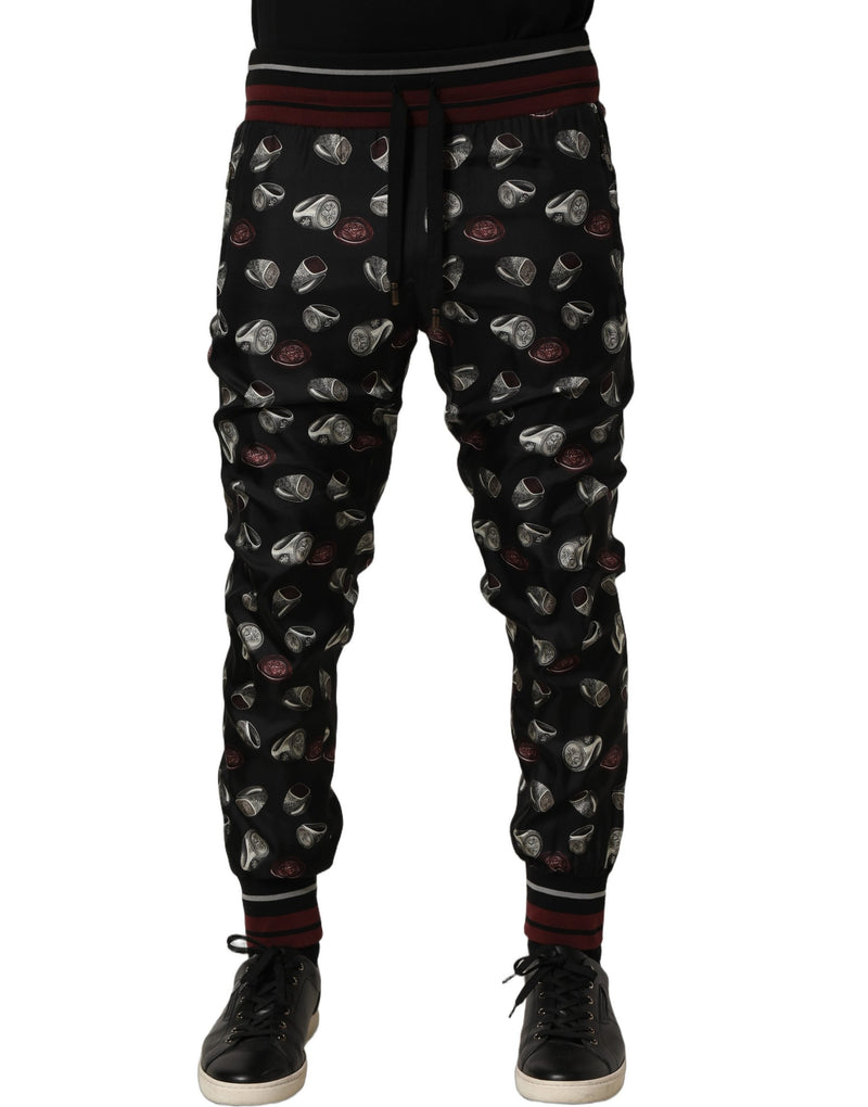 Dolce & Gabbana Black Ring Print Silk Jogging Trousers