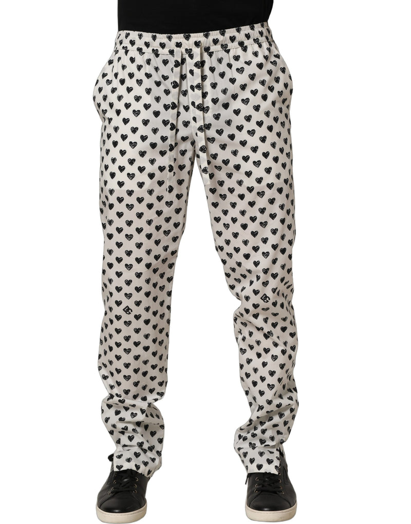 Dolce & Gabbana White Graphic Heart Print Men Trousers Pants