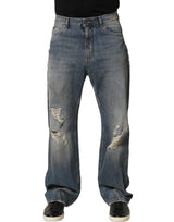 Dolce & Gabbana Blue Cotton Distressed Straight Denim Jeans